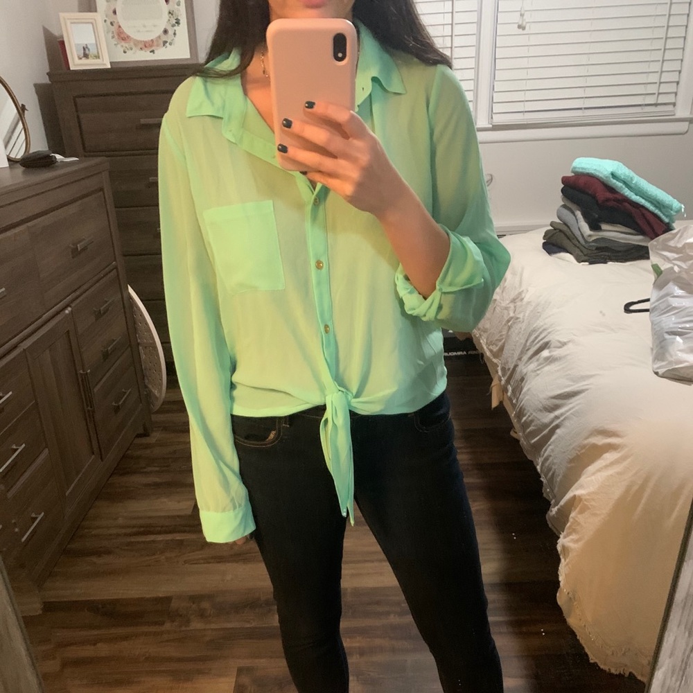 Mint colored button up blouse
